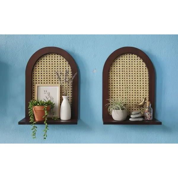 Rattan Shelf Wooden Mesh Decoration Wall Décor Beautiful Home Office Shelves - Strong Wooden Arch Frame in Brown 1pc - Image 5