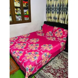 Red And Pink Mix Cotton Bedsheet With Two Pillow Cover