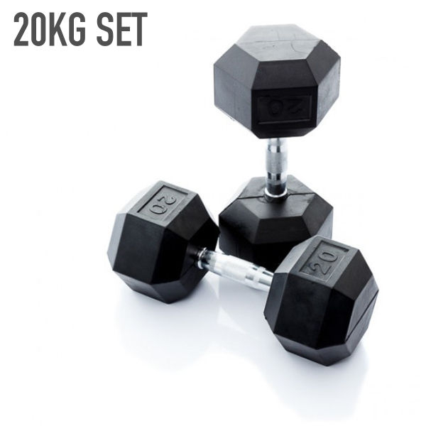 Rubber Hex Dumbbell 2 x 10kg = 20KG Hexa Weight Solid Chrome Dumbbells Set - Image 2