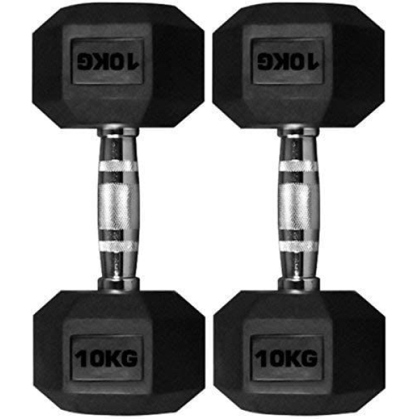 Rubber Hex Dumbbell 2 x 10kg = 20KG Hexa Weight Solid Chrome Dumbbells Set - Image 4