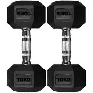 Rubber Hex Dumbbell 2 x 10kg = 20KG Hexa Weight Solid Chrome Dumbbells Set