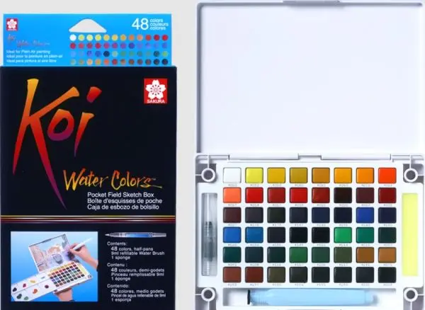 Sakura Koi 48 Colors Pocket Watercolor Set with Long Water Brush | Professional Artist & Travel Friendly Water Colours