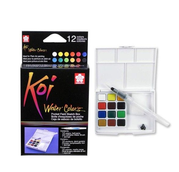 SAKURA KOI Water Colors – 12 Color Set with Water Brush | Portable Watercolor Painting Set