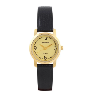 Sonata Workwear Champagne Dial Black Leather Strap Analog Watch for Women