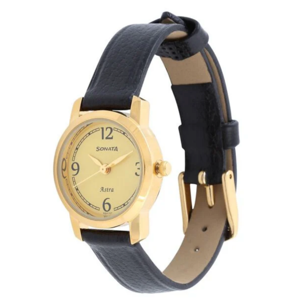 Sonata Workwear Champagne Dial Black Leather Strap Analog Watch for Women - Image 2