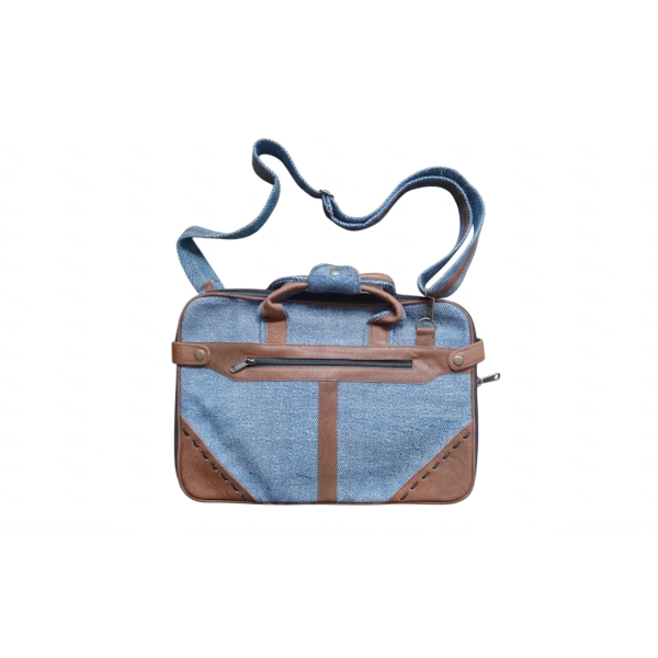 Sea Blue Hemp & Cotton Office Bag with Leather Accents - Multi-Compartment Laptop Briefcase - Handcrafted in Nepal - Eco-Friendly Professional Bag - Image 2