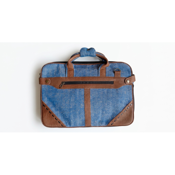 Sea Blue Hemp & Cotton Office Bag with Leather Accents - Multi-Compartment Laptop Briefcase - Handcrafted in Nepal - Eco-Friendly Professional Bag - Image 3
