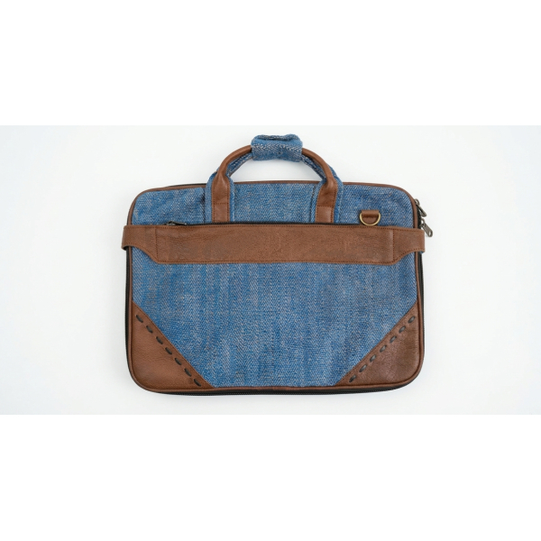 Sea Blue Hemp & Cotton Office Bag with Leather Accents - Multi-Compartment Laptop Briefcase - Handcrafted in Nepal - Eco-Friendly Professional Bag - Image 4
