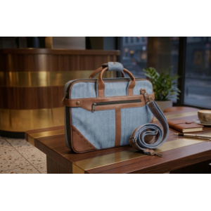 Sea Blue Hemp & Cotton Office Bag with Leather Accents - Multi-Compartment Laptop Briefcase - Handcrafted in Nepal - Eco-Friendly Professional Bag