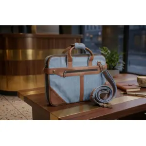 Sea Blue Hemp & Cotton Office Bag with Leather Accents - Multi-Compartment Laptop Briefcase - Handcrafted in Nepal - Eco-Friendly Professional Bag