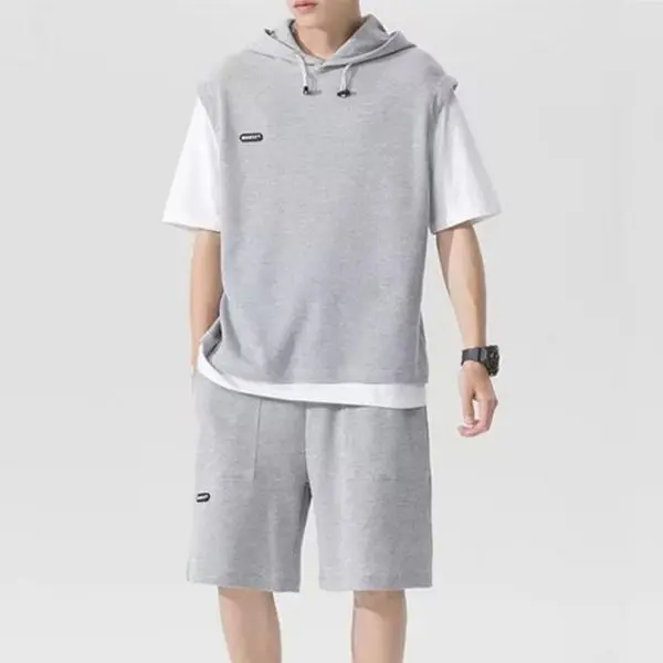 (Set of 2)Men's Summer Outfit Hooded Drawstring Top Elastic Waist Cotton Shorts and T-shirt. - Image 2
