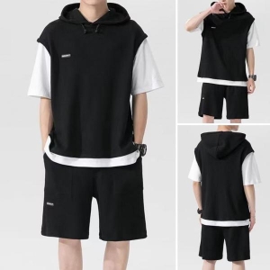 (Set of 2)Men's Summer Outfit Hooded Drawstring Top Elastic Waist Cotton Shorts and T-shirt.