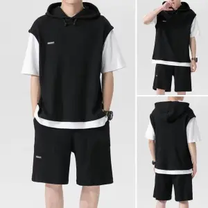 (Set of 2)Men's Summer Outfit Hooded Drawstring Top Elastic Waist Cotton Shorts and T-shirt.