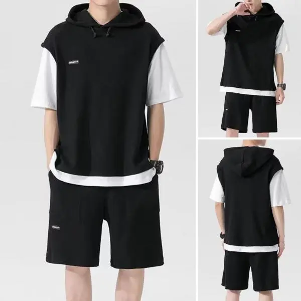 (Set of 2)Men's Summer Outfit Hooded Drawstring Top Elastic Waist Cotton Shorts and T-shirt.
