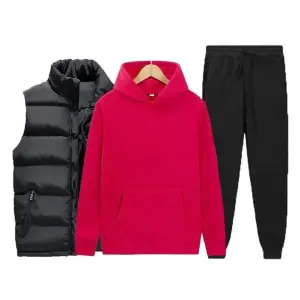 (Set of 3 ) Men's Winter Warm 3 Piece Tracksuit set.Red Hoodies ,Half jacket and Joggers . - Fashion | Joggers For Men | Joggers | Hoodies |