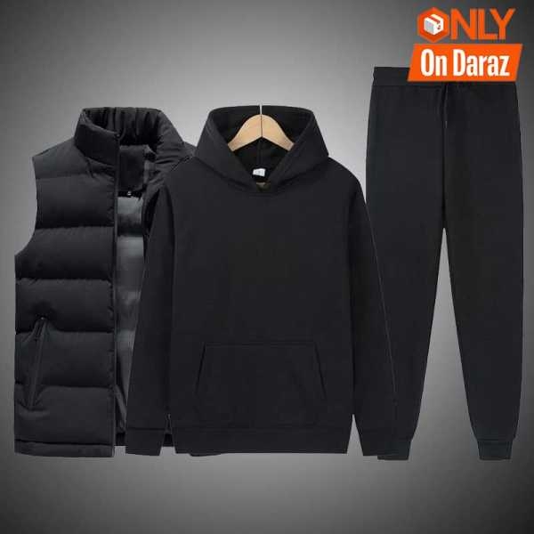 Set Of 3 PICs Men's Winter Warm Stylist Set Half Jacket Hoodie And Joggers - Fashion | Hoodies For Men | Joggers For Men | - Image 2
