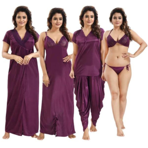 Silk Bridal Nightgown Dhoti Set Stylish Fancy Bridal Nighty Set For Women Free Size