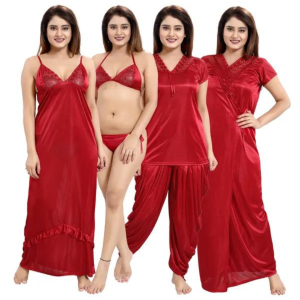Silk Bridal Nightgown Dhoti Set Stylish Fancy Bridal Nighty Set For Women Free Size Maroon Color