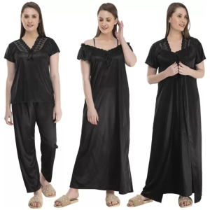 Silk Bridal Nightgown Set Stylish Fancy Bridal Nighty Set For Women Free Size Black Color