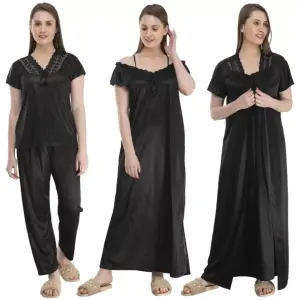 Silk Bridal Nightgown Set Stylish Fancy Bridal Nighty Set For Women Free Size Black Color