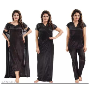 Silk Bridal Nightgown Set Stylish Fancy Bridal Nighty Set For Women Free Size Black Color