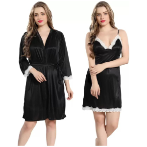 Silk Bridal Nightgown Set Stylish Fancy Bridal Nighty Set For Women Free Size Black Color