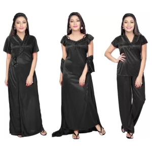Silk Bridal Nightgown Set Stylish Fancy Bridal Nighty Set For Women Free Size Black Color