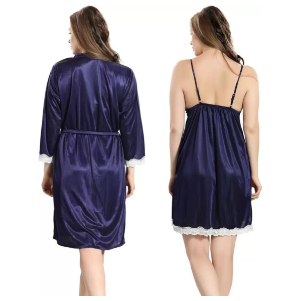 Silk Bridal Nightgown Set Stylish Fancy Bridal Nighty Set For Women Free Size Blue Color - Image 2
