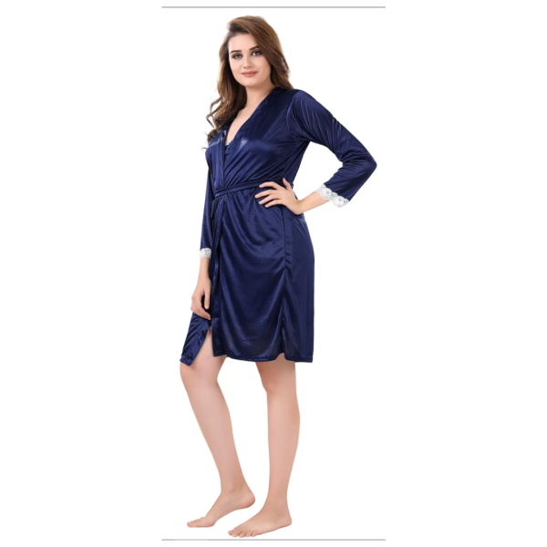 Silk Bridal Nightgown Set Stylish Fancy Bridal Nighty Set For Women Free Size Blue Color - Image 3