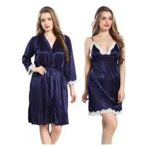 Silk Bridal Nightgown Set Stylish Fancy Bridal Nighty Set For Women Free Size Blue Color