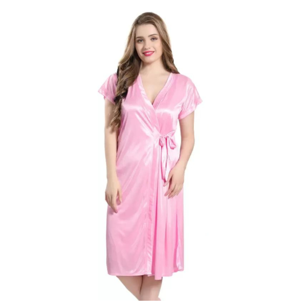 Silk Bridal Nightgown Set Stylish Fancy Bridal Nighty Set For Women Free Size Blush Pink Color - Image 4