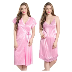 Silk Bridal Nightgown Set Stylish Fancy Bridal Nighty Set For Women Free Size Blush Pink Color