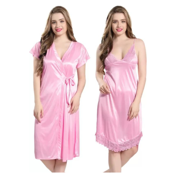 Silk Bridal Nightgown Set Stylish Fancy Bridal Nighty Set For Women Free Size Blush Pink Color
