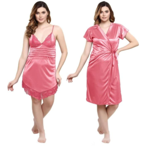 Silk Bridal Nightgown Set Stylish Fancy Bridal Nighty Set For Women Free Size Blush Pink Color
