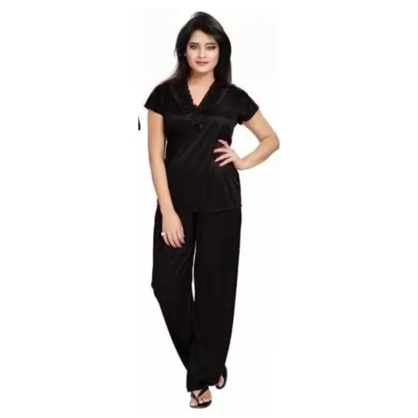 Silk Bridal Nightgown Set Stylish Fancy Bridal Nighty Set For Women Free Size Dark Black Color - Image 3