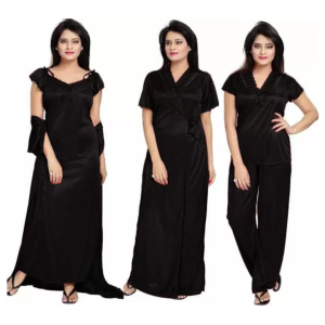 Silk Bridal Nightgown Set Stylish Fancy Bridal Nighty Set For Women Free Size Dark Black Color