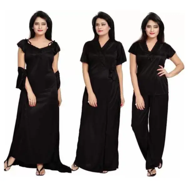 Silk Bridal Nightgown Set Stylish Fancy Bridal Nighty Set For Women Free Size Dark Black Color