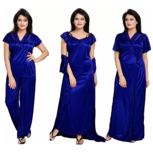 Silk Bridal Nightgown Set Stylish Fancy Bridal Nighty Set For Women Free Size Dark Blue Color