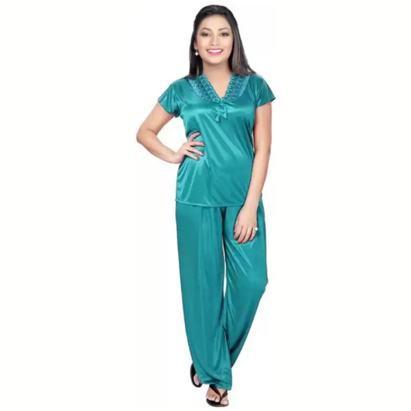 Silk Bridal Nightgown Set Stylish Fancy Bridal Nighty Set For Women Free Size Green Color - Image 2