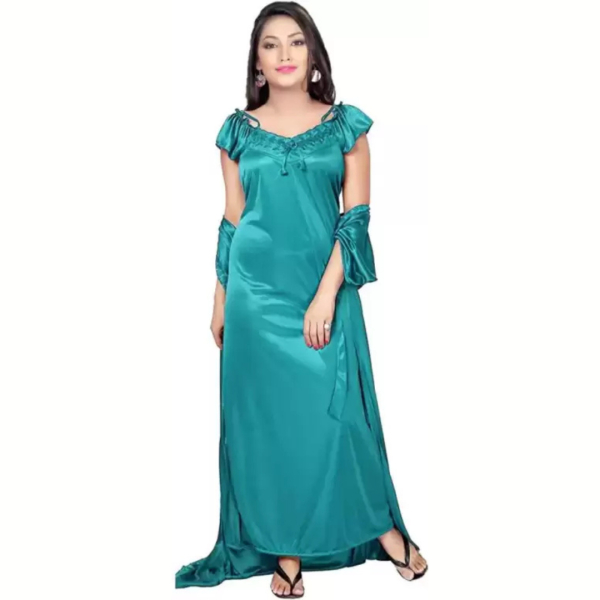 Silk Bridal Nightgown Set Stylish Fancy Bridal Nighty Set For Women Free Size Green Color - Image 4