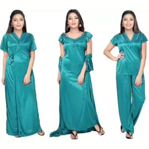 Silk Bridal Nightgown Set Stylish Fancy Bridal Nighty Set For Women Free Size Green Color