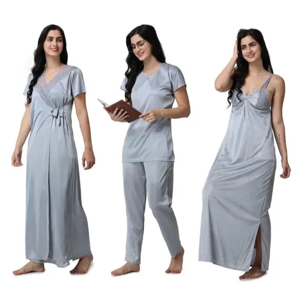 Silk Bridal Nightgown Set Stylish Fancy Bridal Nighty Set For Women Free Size Grey Color