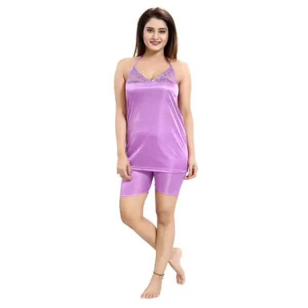 Silk Bridal Nightgown Set Stylish Fancy Bridal Nighty Set For Women Free Size Lavender Color - Image 4