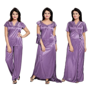 Silk Bridal Nightgown Set Stylish Fancy Bridal Nighty Set For Women Free Size Lavender Color