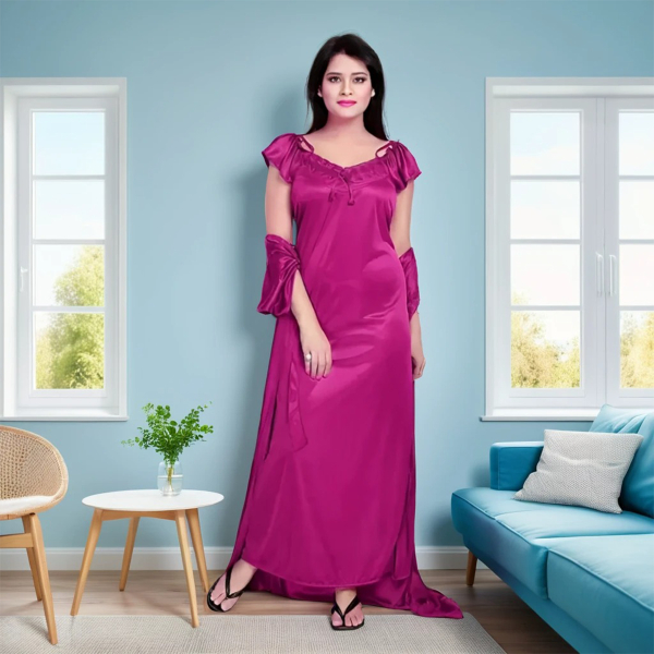 Silk Bridal Nightgown Set Stylish Fancy Bridal Nighty Set For Women Free Size Magenta Color - Image 2