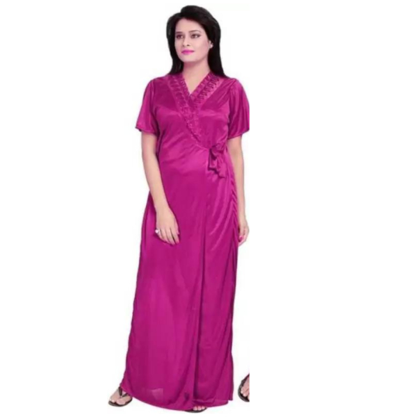 Silk Bridal Nightgown Set Stylish Fancy Bridal Nighty Set For Women Free Size Magenta Color - Image 4