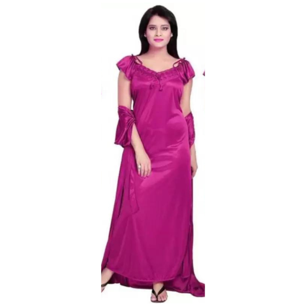 Silk Bridal Nightgown Set Stylish Fancy Bridal Nighty Set For Women Free Size Magenta Color - Image 5