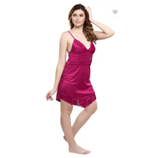 Silk Bridal Nightgown Set Stylish Fancy Bridal Nighty Set For Women Free Size Magenta Color - Image 5