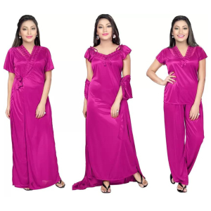 Silk Bridal Nightgown Set Stylish Fancy Bridal Nighty Set For Women Free Size Magenta Color