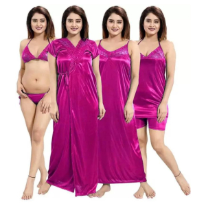 Silk Bridal Nightgown Set Stylish Fancy Bridal Nighty Set For Women Free Size Magenta Color